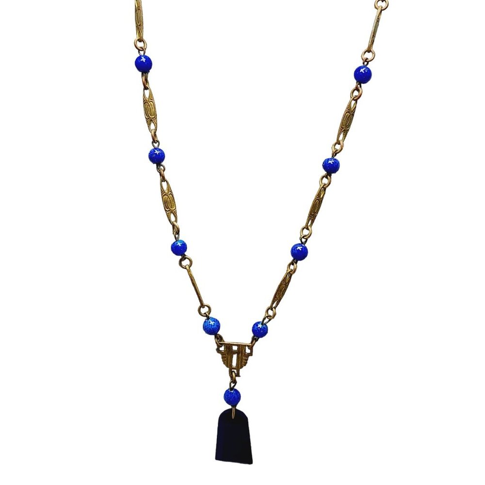 Vintage Czech Glass & Brass Pendant Necklace (A1065)